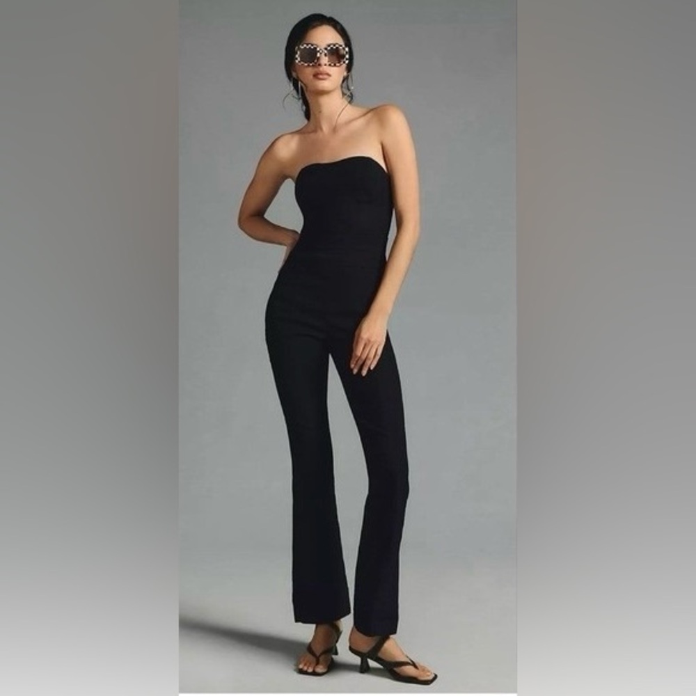 Strapless Elegant Black Satin Structured Jumpsuit Classy Dressy Chic